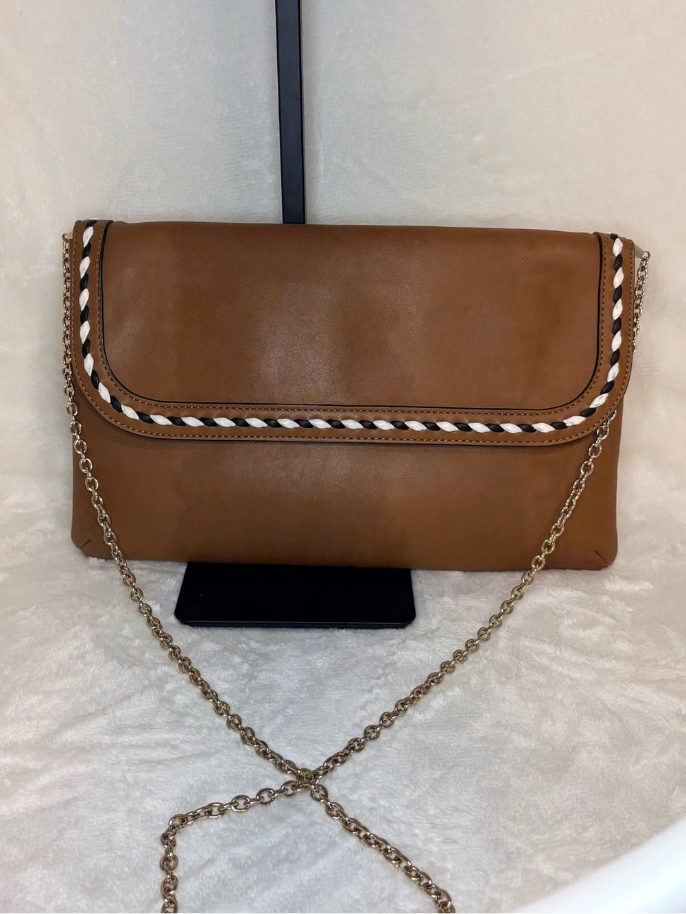 Kelly & Katie Brown Chain Shoulder Clutch with Braided Trim